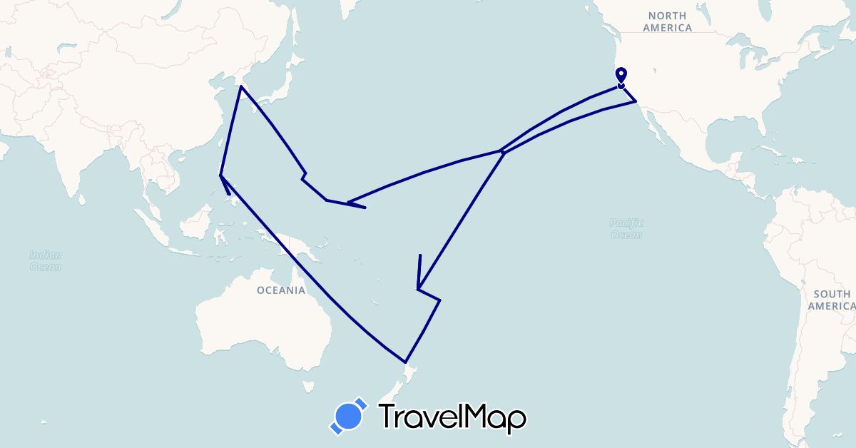 TravelMap itinerary: driving in Fiji, Micronesia, South Korea, New Zealand, Philippines, Tonga, Tuvalu, United States (Asia, North America, Oceania)